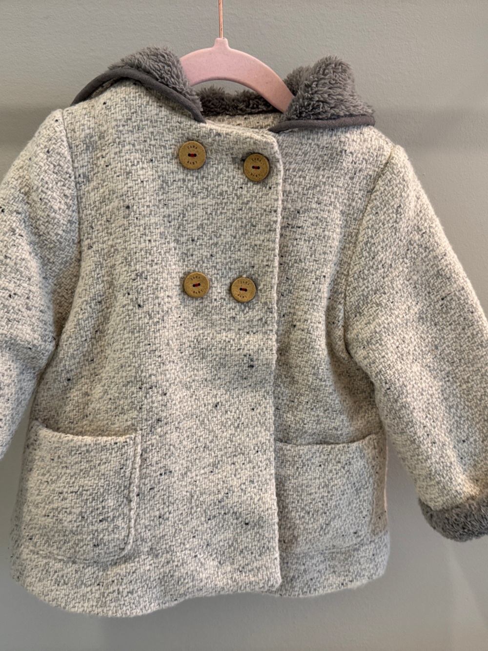Zara Cream Tweed Double-Breasted Coat with Gray Faux-Fur Hood Trim
